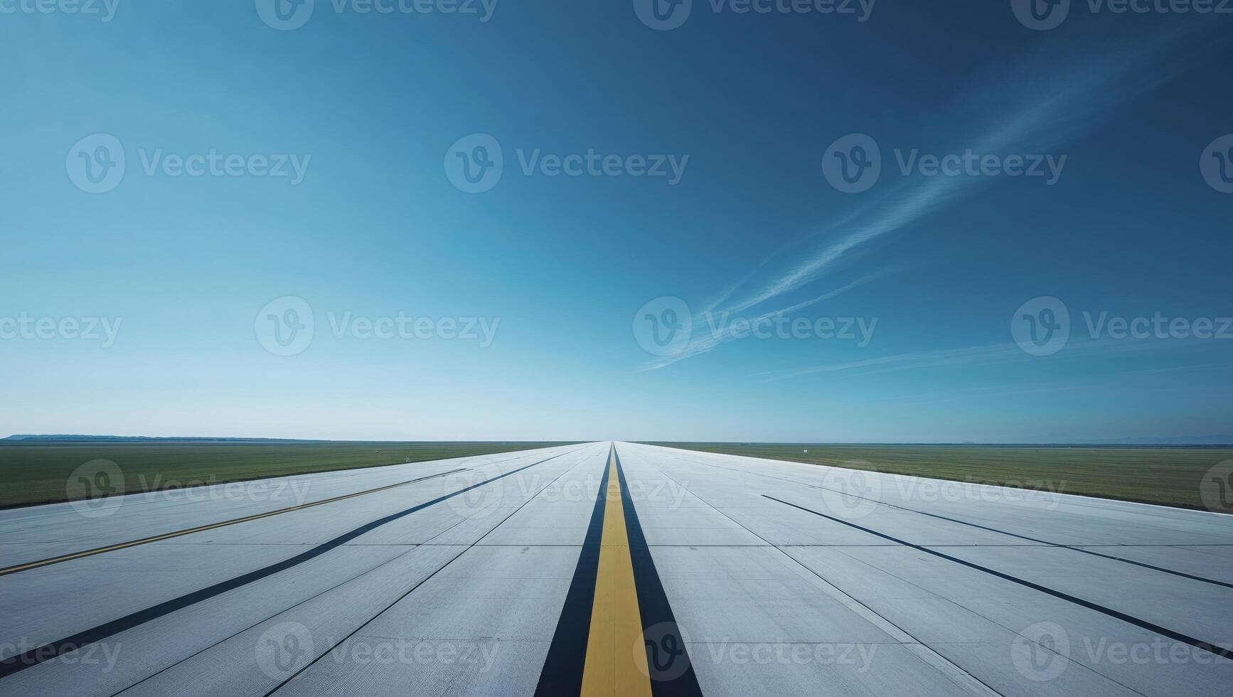 An empty runway with a blue sky in the background photo