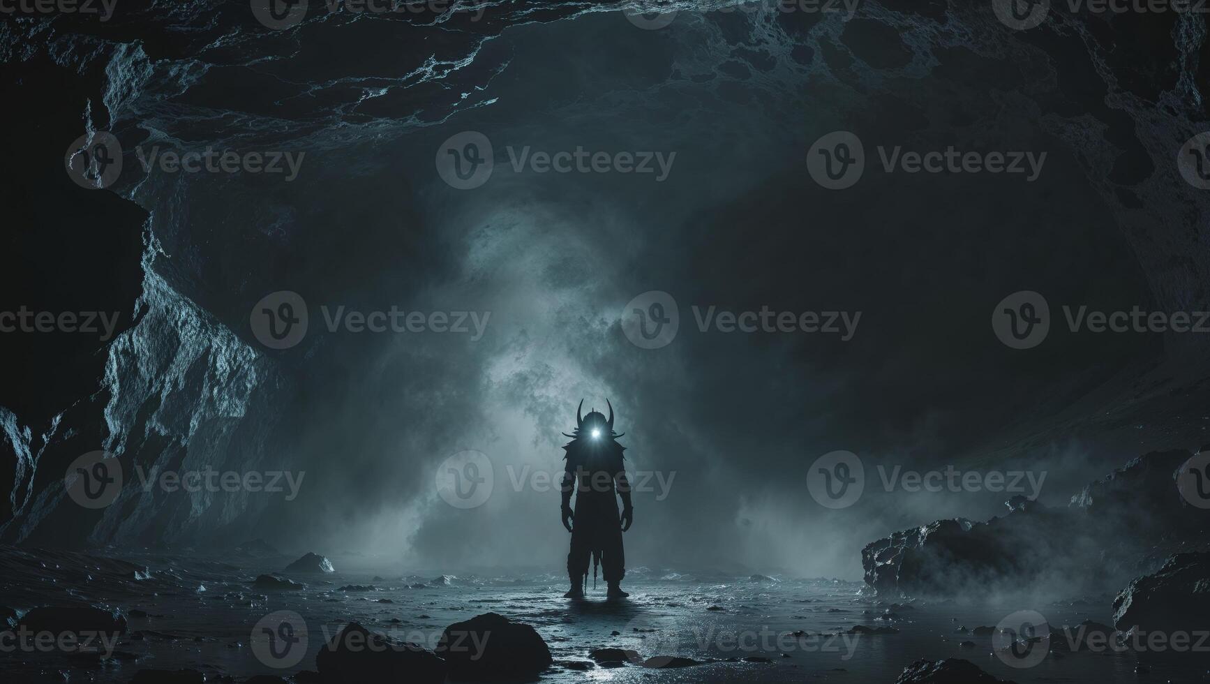 A man standing in front of a cave with a light coming from inside photo