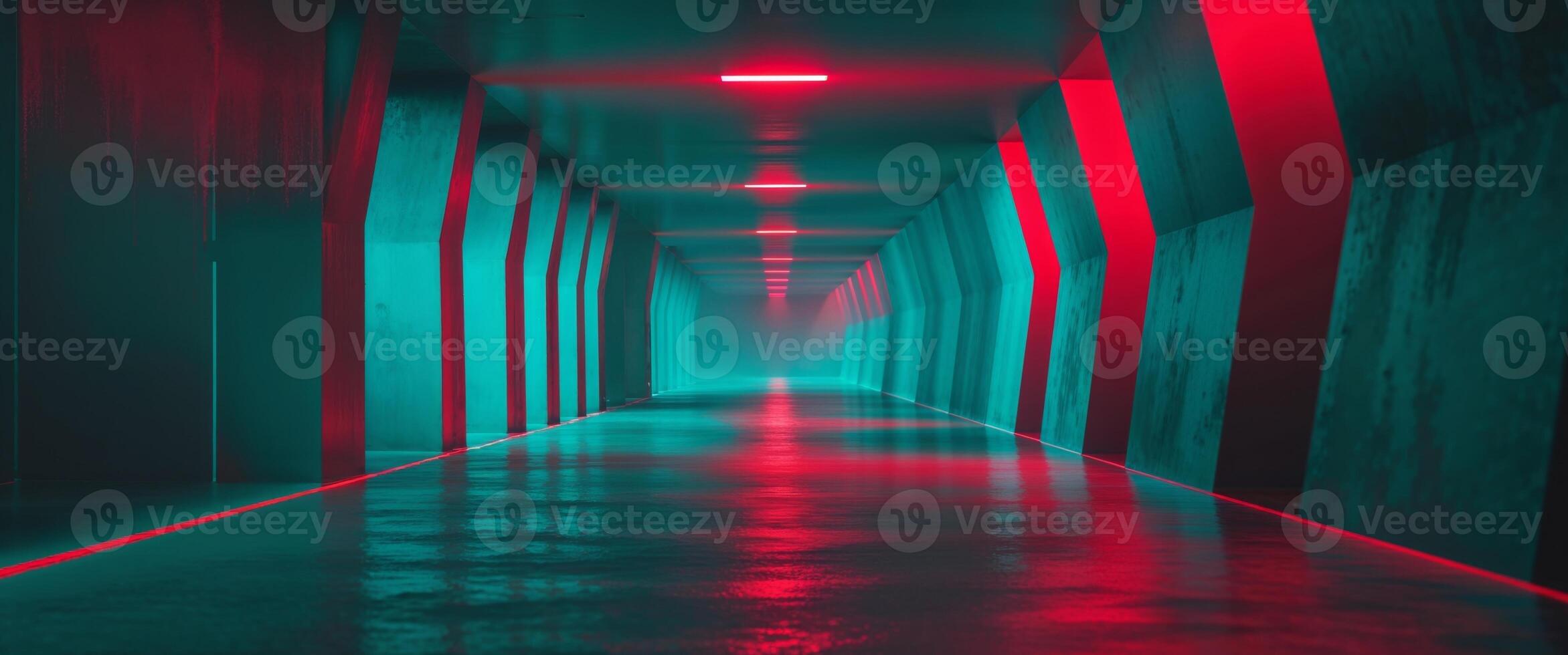 dark corridor perspective view turquoise and red color tone. photo
