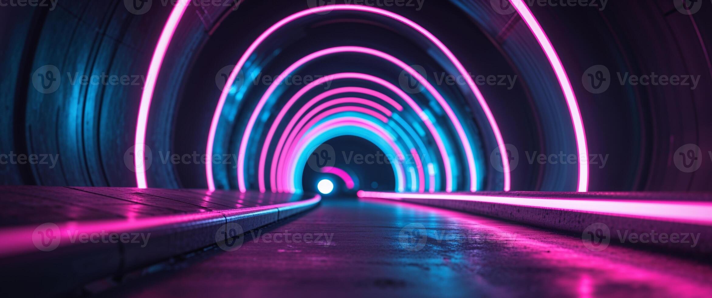 Illuminated Hallway with Pink and Blue Neon Lights in a Dark Futuristic Tunnel photo