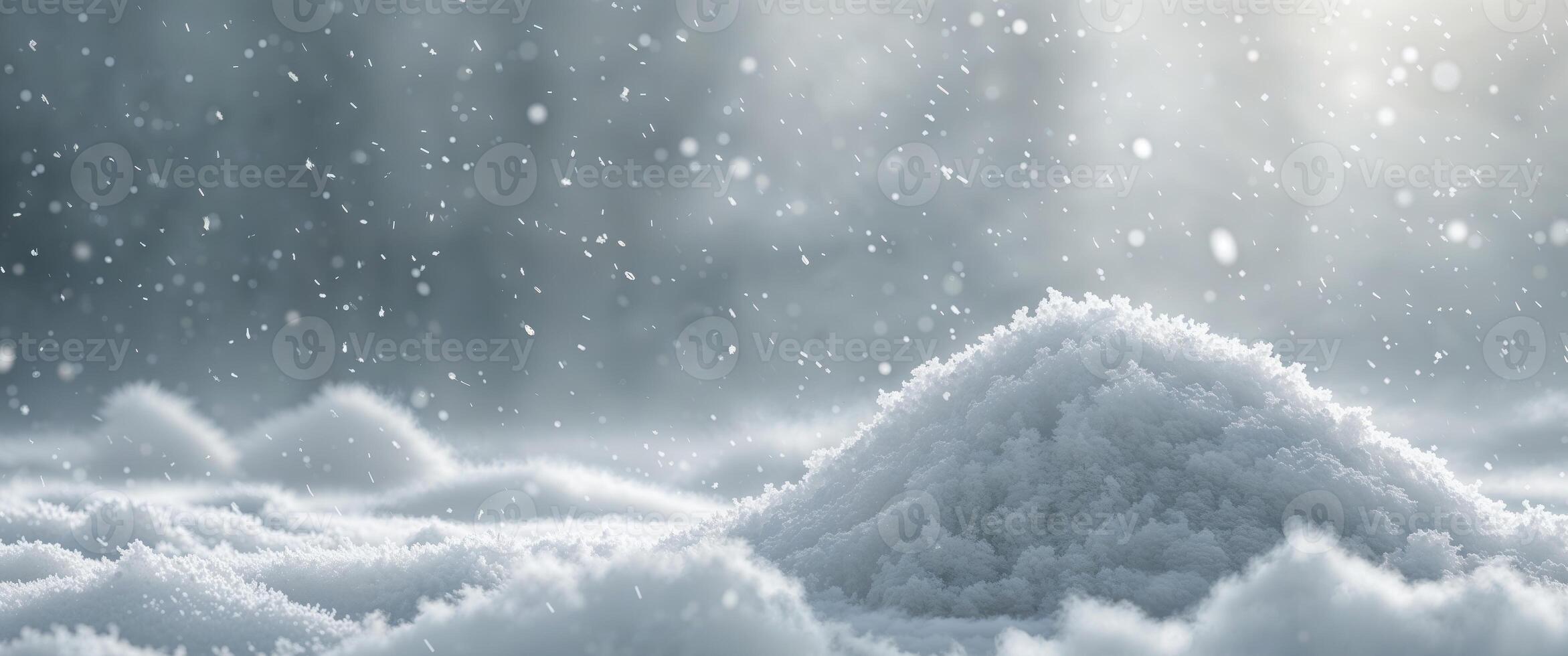 winter season envelops nature with its tranquil and otherworldly ambiance as snow blankets surroundings in a peaceful and mystical display of white and gray. photo