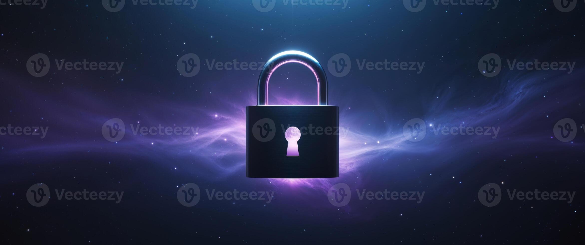 Digital Security Concept Displaying Lock Symbol with Glowing Effects on a Deep Space Background photo