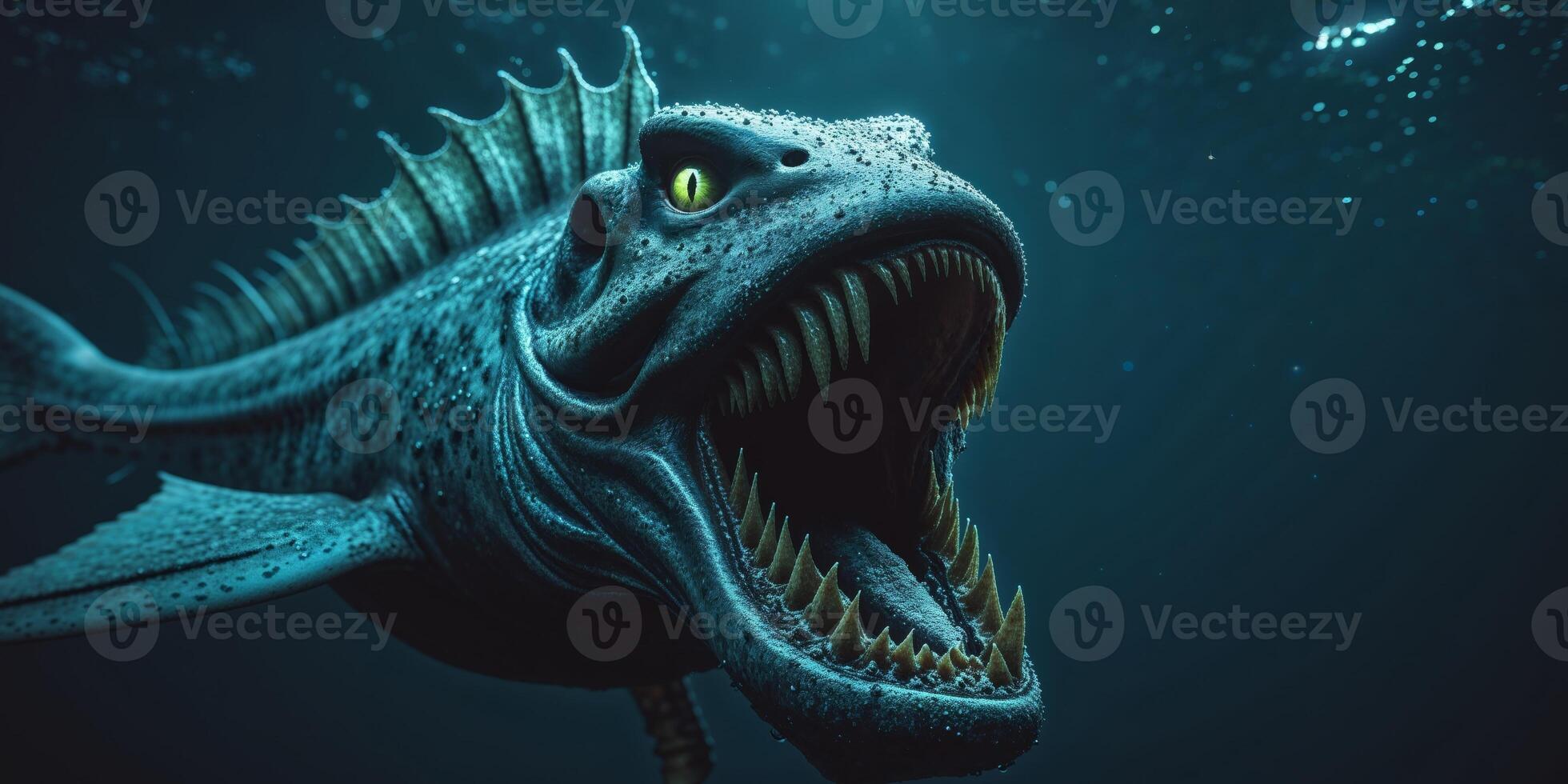 a monstrous prehistoric looking sea creature with sharp teeth and an open mouth swimming in dark blue water representing the power and danger of the deep. photo