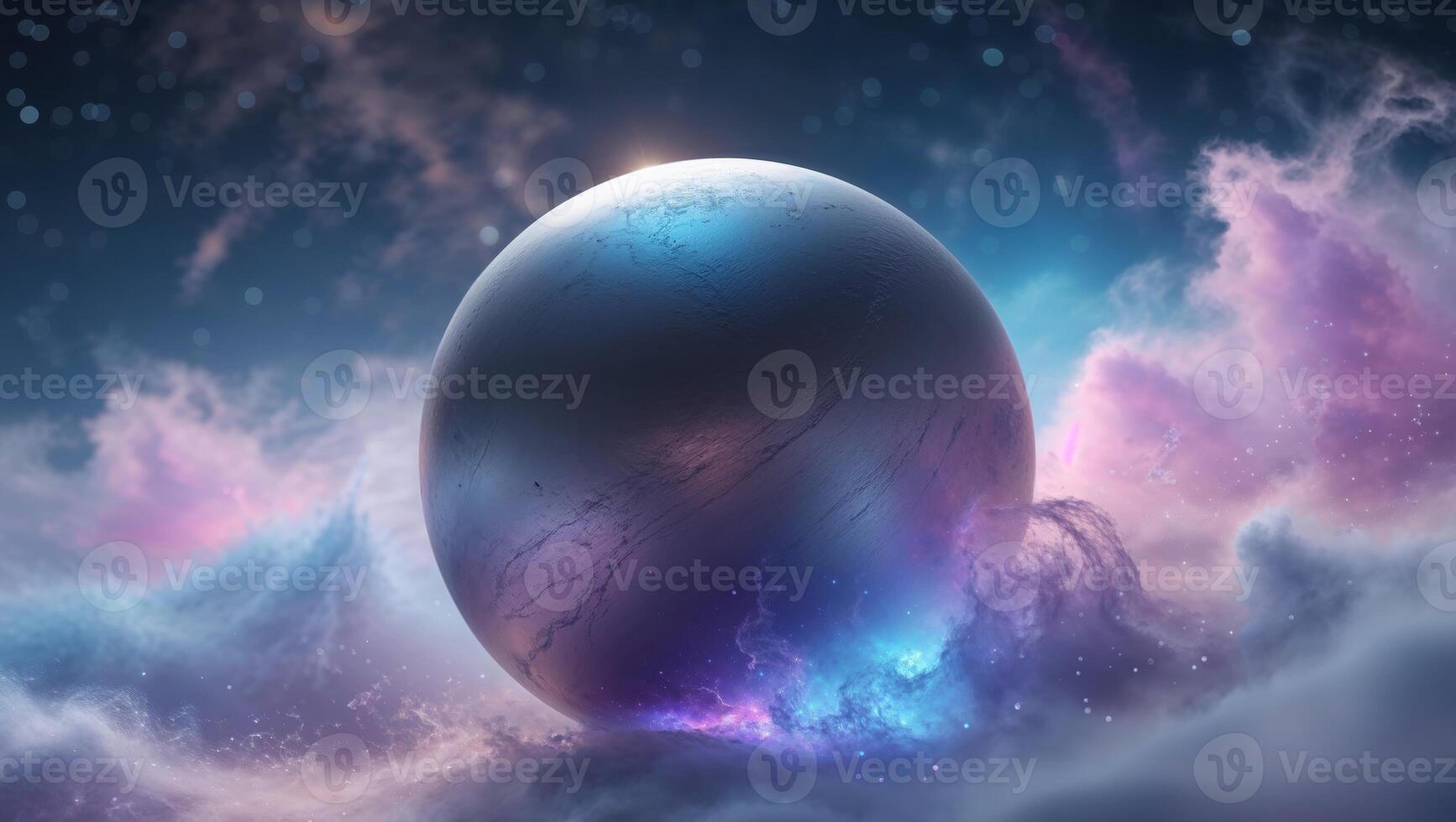 Futuristic sphere travels through glowing nebula. photo