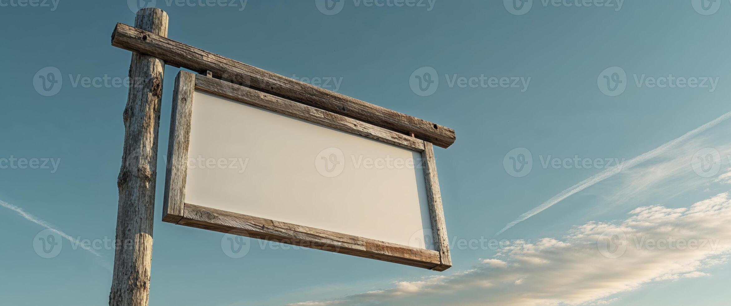 Empty wooden sign showing a blank space for advertising hanging on a post. photo