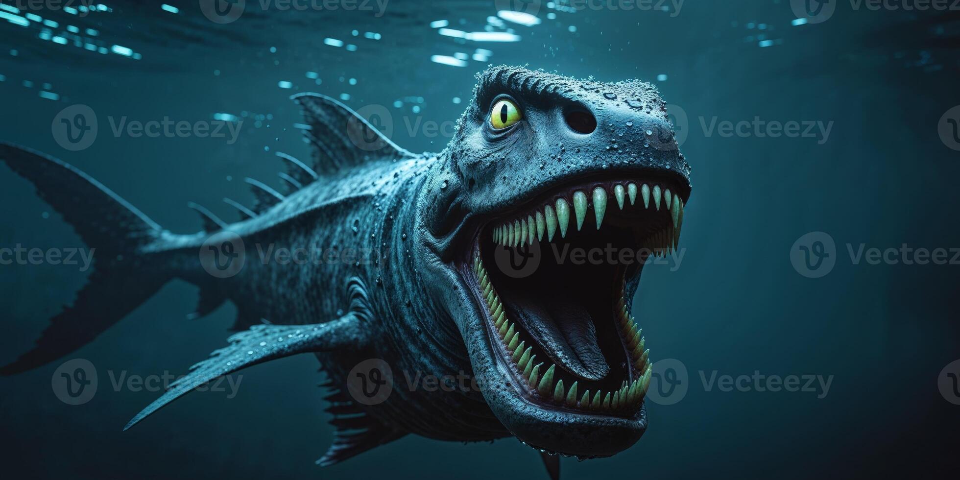a monstrous prehistoric looking sea creature with sharp teeth and an open mouth swimming in dark blue water representing the power and danger of the deep photo