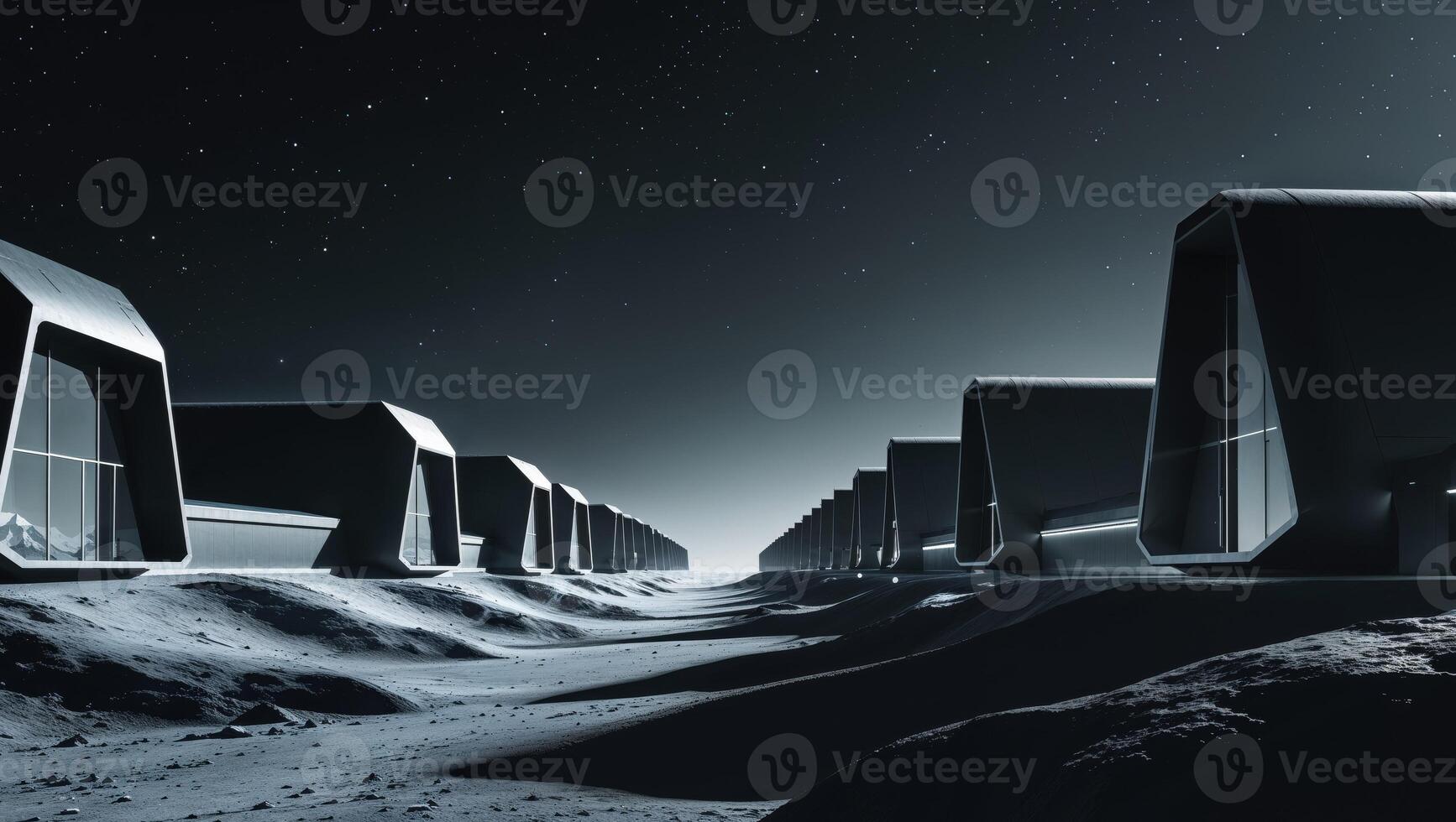 Futuristic Lunar Base with Modern Sleek Buildings. photo