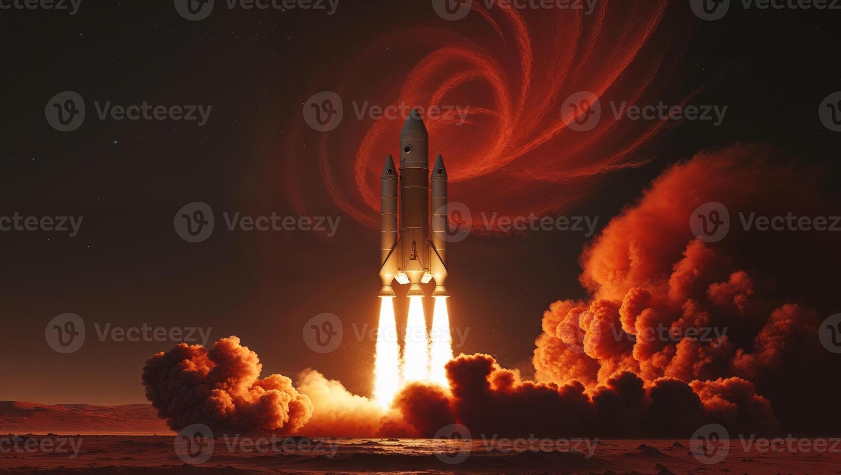 Rocket Blasting Off from Mars like Planet in Swirling Red Dust for Next Phase of Space photo