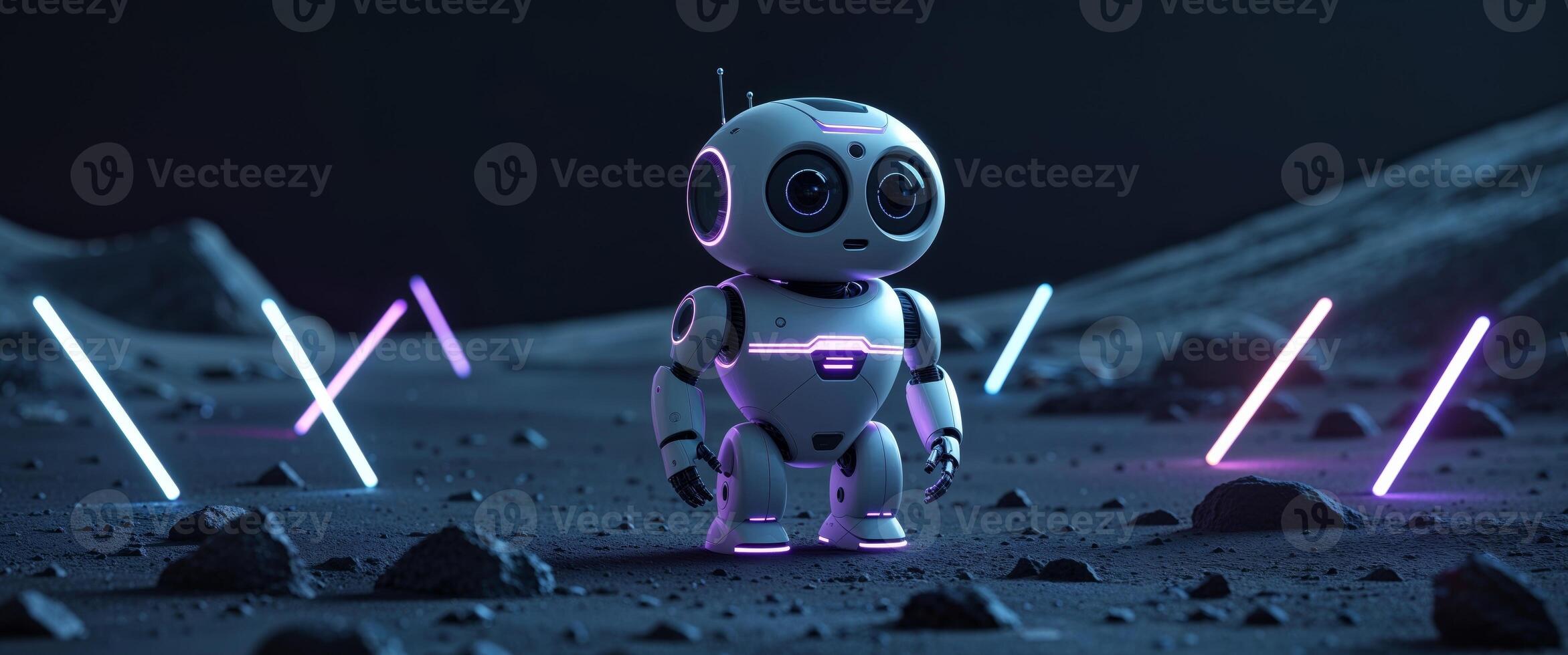 Cute robot explorer on a mysterious planet with glowing lights during nighttime adventures. photo