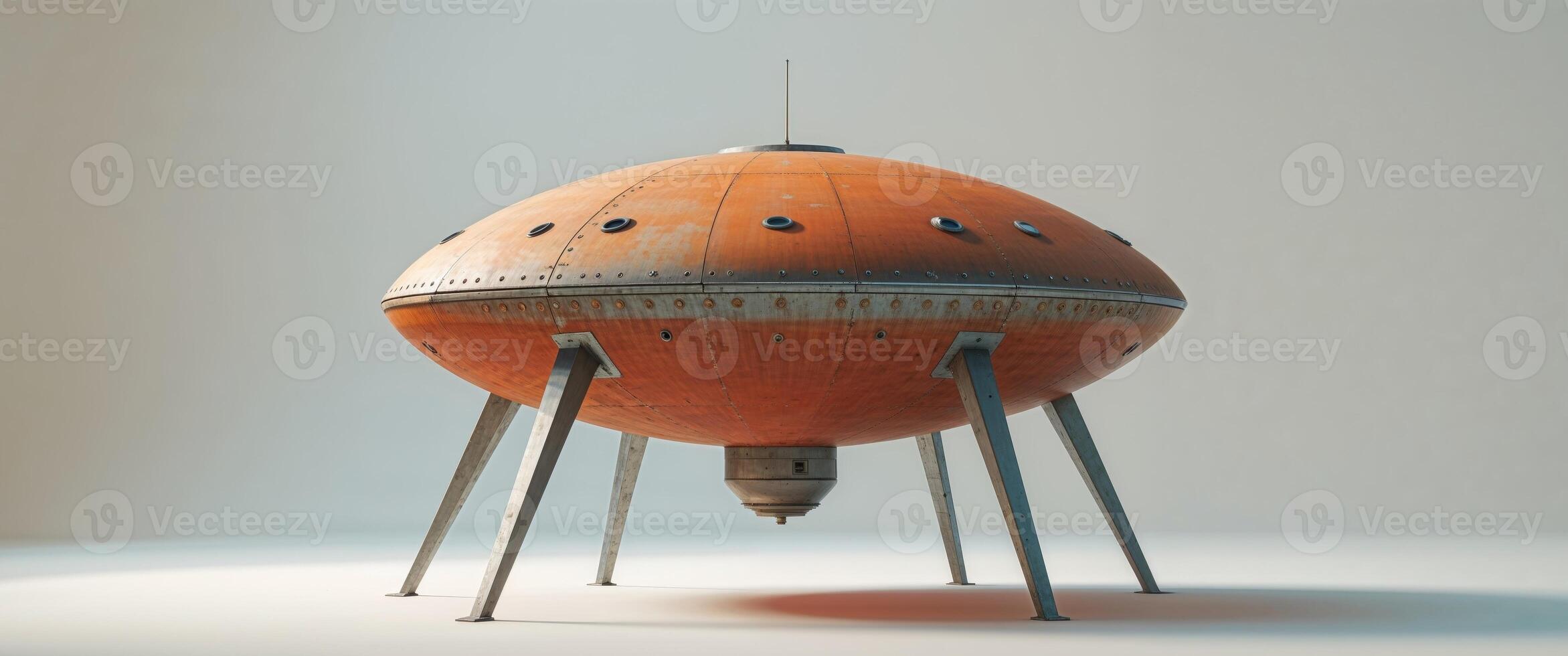 Rusty Orange Round Spaceship With Three Legs. photo