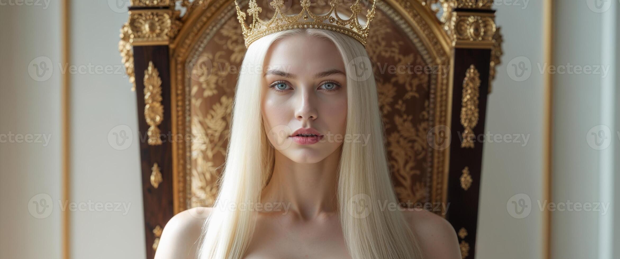 Blonde queen wearing gold crown sitting on throne posing. photo