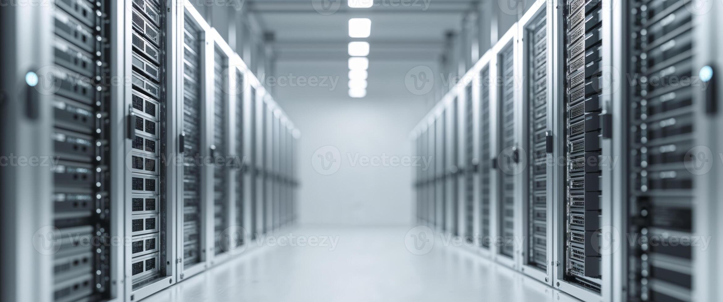 Server room infrastructure featuring multiple rows of rack mounted servers photo