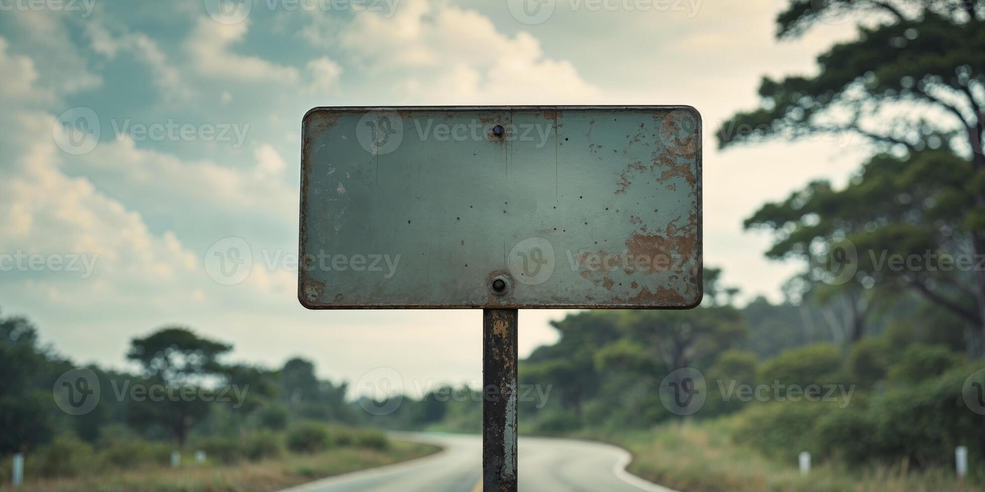 blank directional sign points towards winding road in serene landscape. photo