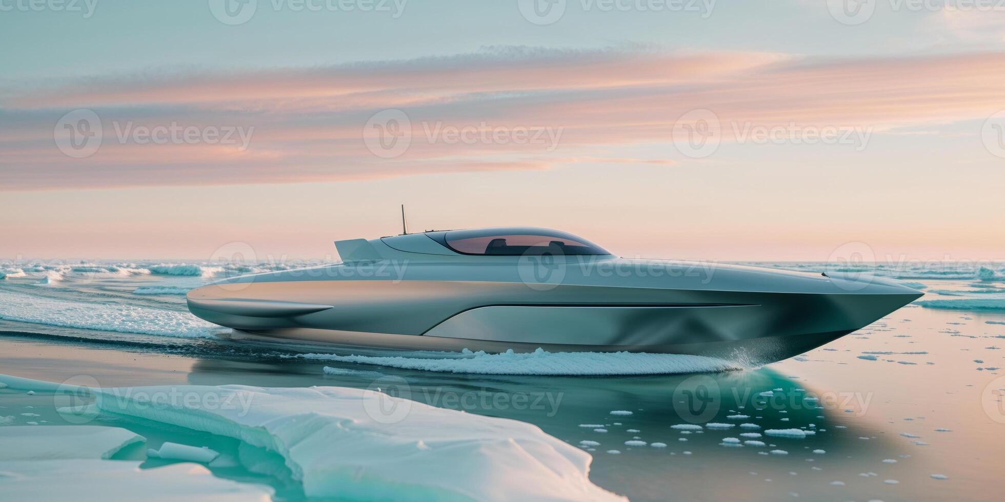 A futuristic boat is floating on the water photo