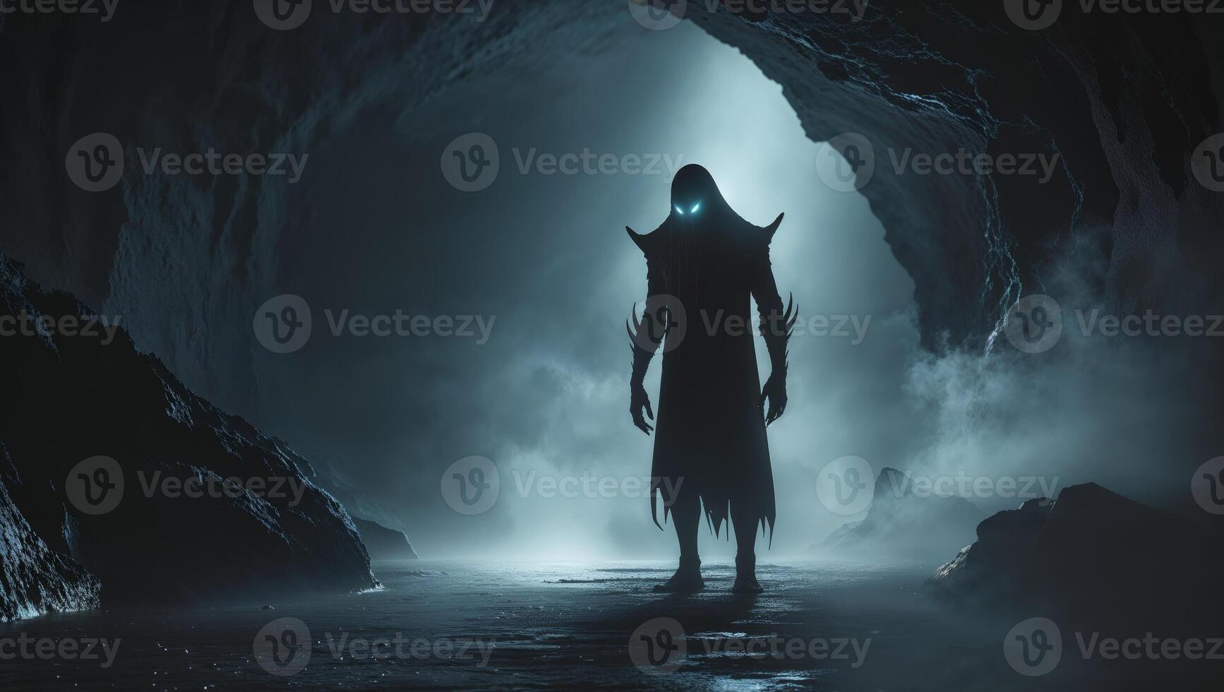A dark figure standing in front of a cave photo