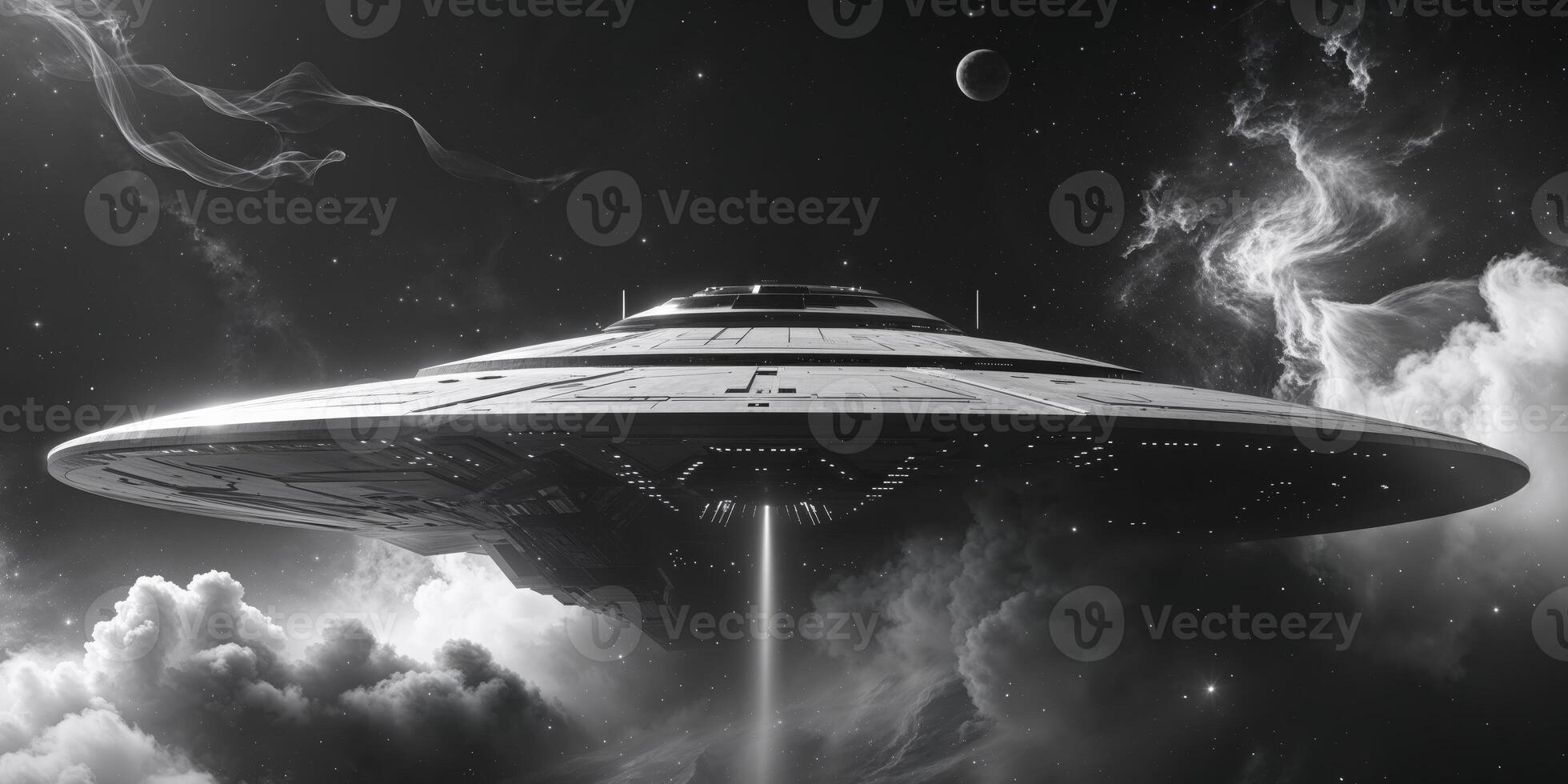 An alien spaceship flying through the clouds photo
