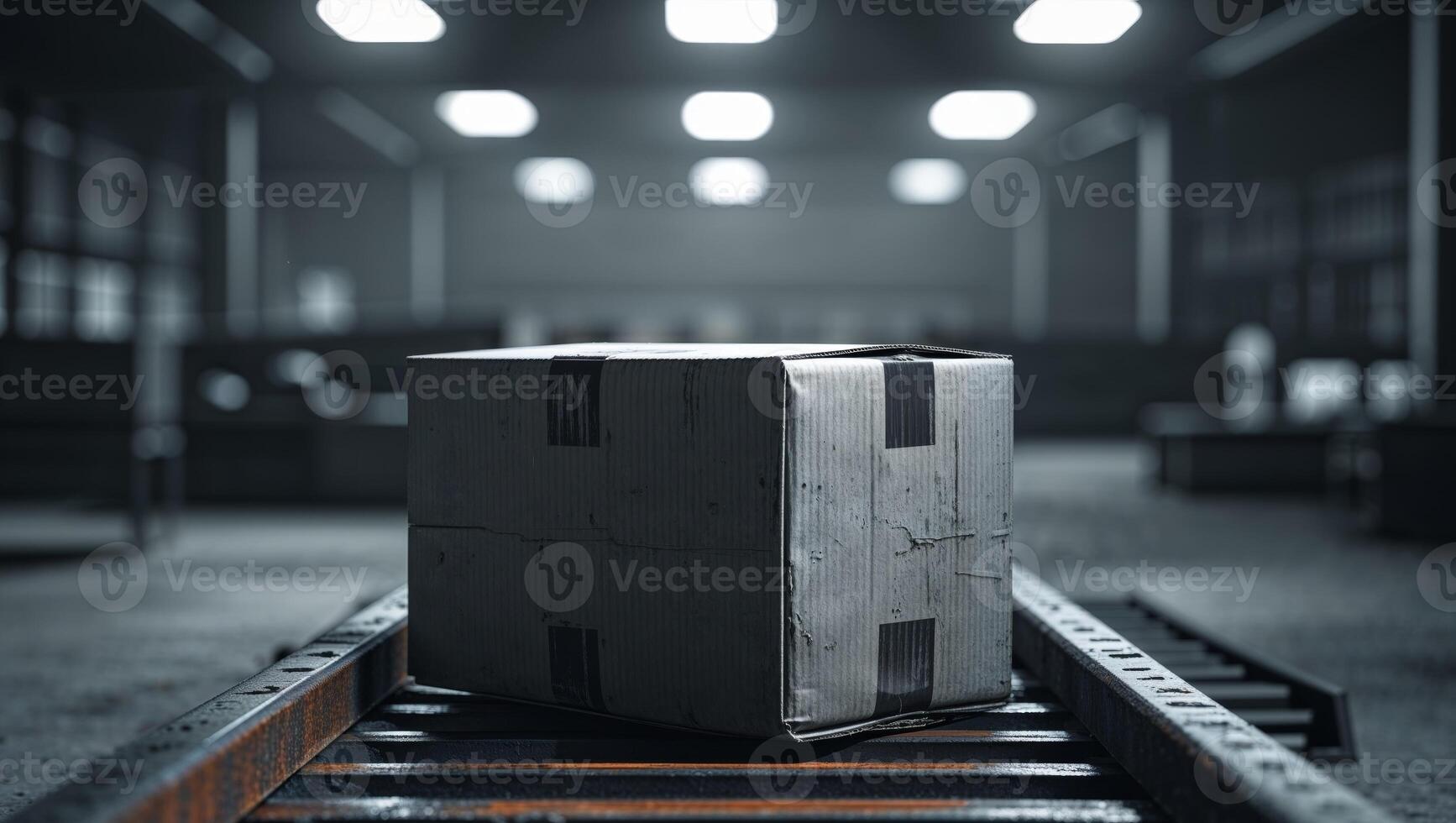 A box sitting on a conveyor belt in an industrial setting photo