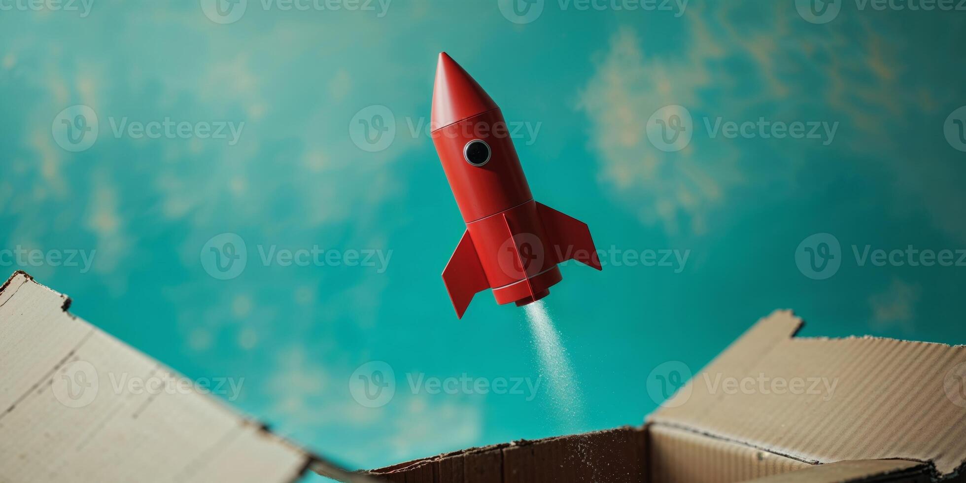 A red rocket is flying out of a cardboard box photo
