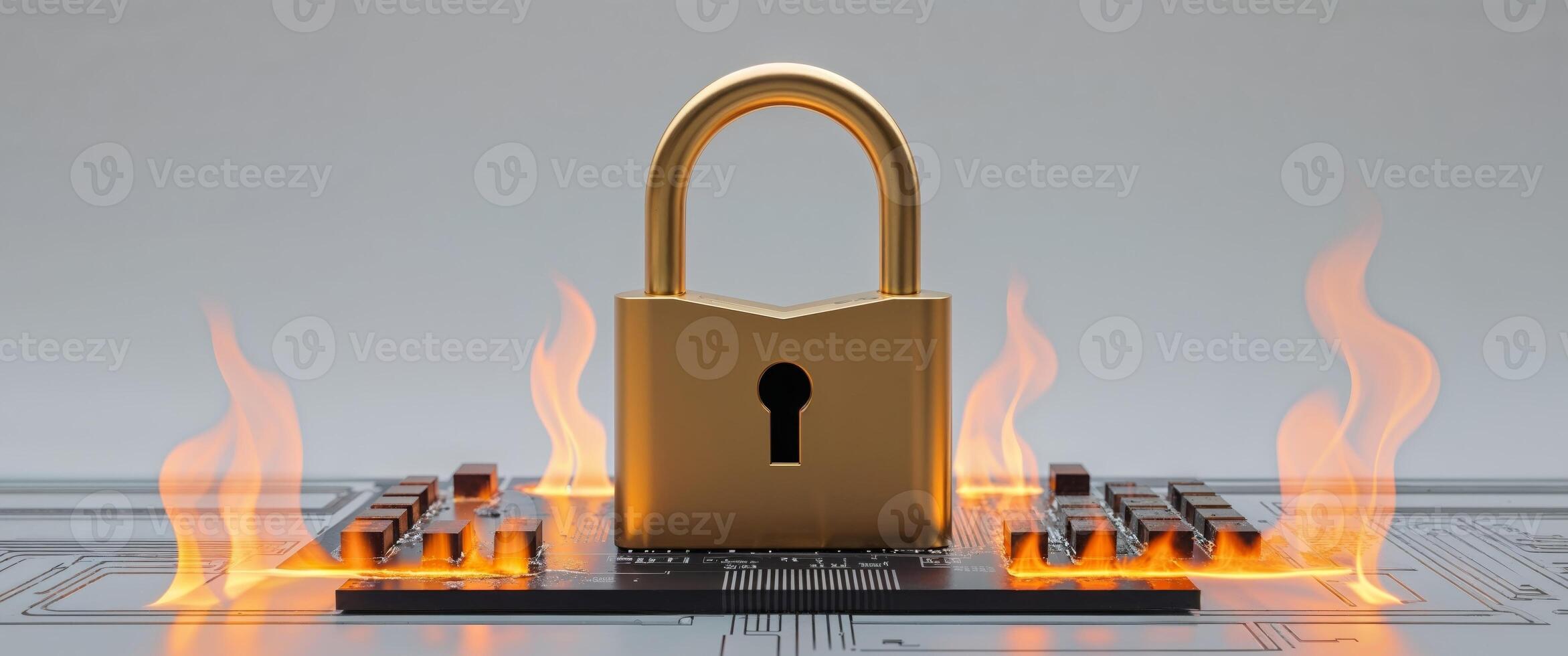 A lock on top of a circuit board with flames photo