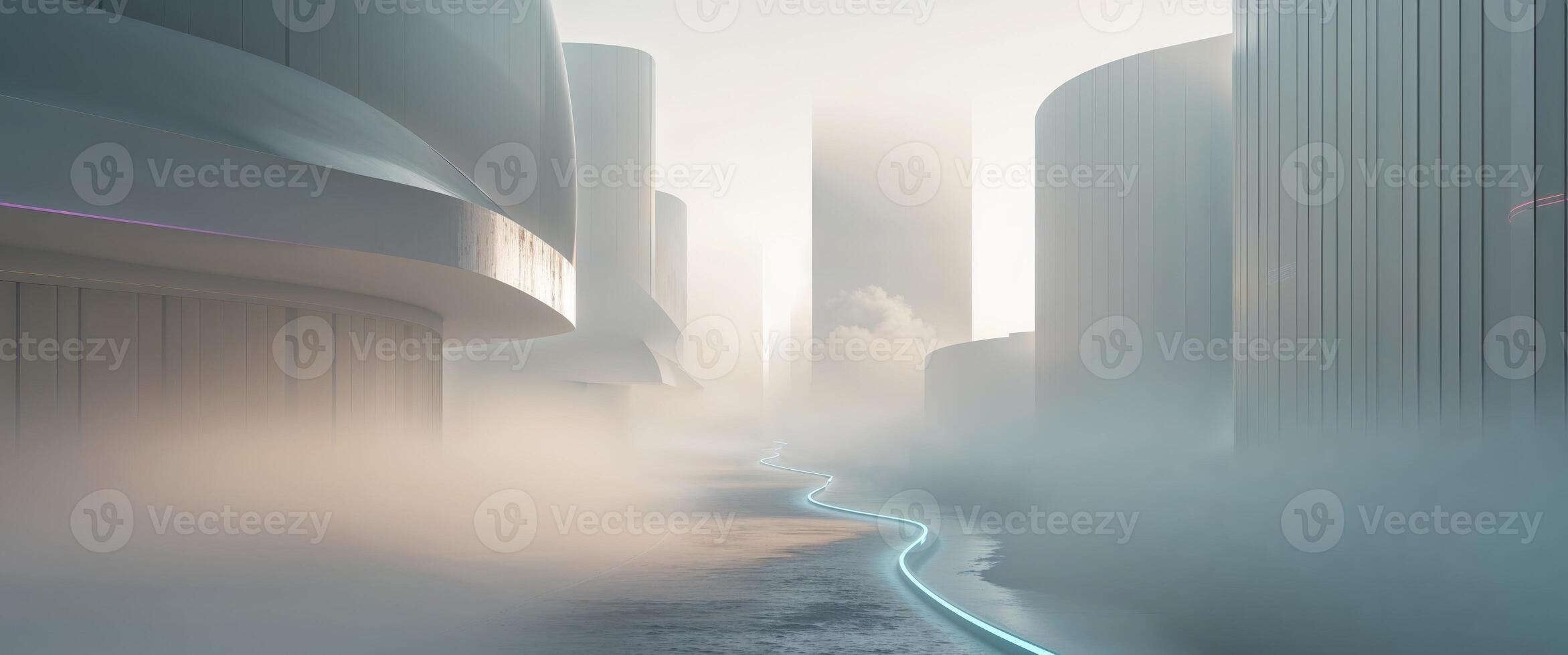 Foggy futuristic path between structures photo