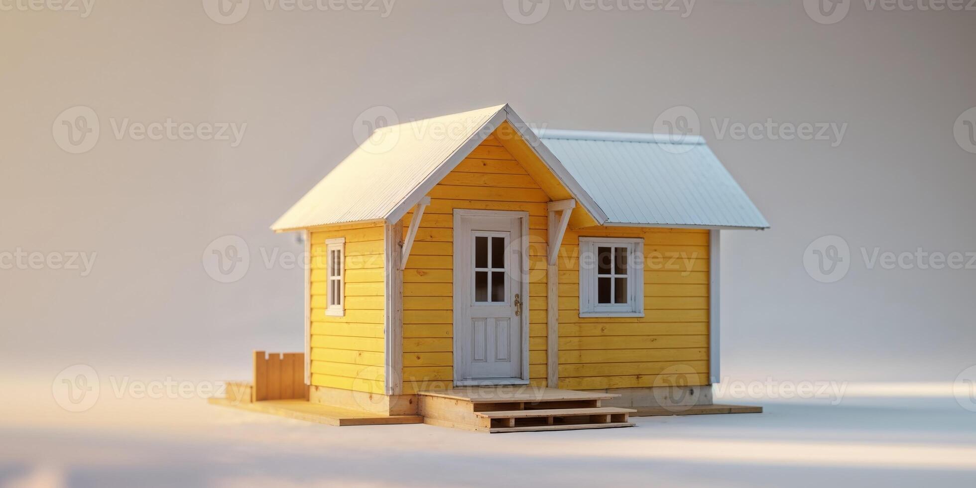 Charming Yellow Wooden Cabin Model Home Display. photo