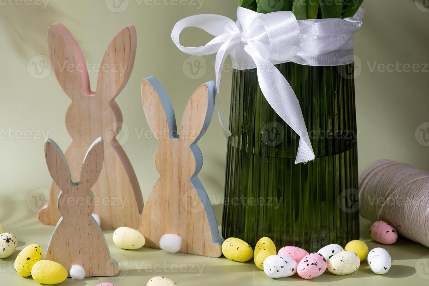 Happy EASTER composition wooden bunny eggs Fresh bouquet of colorful tulip flowers in pastel background with shadows. Minimalist design greeting card for springtime holidays. Gift for Easter. Copy space photo