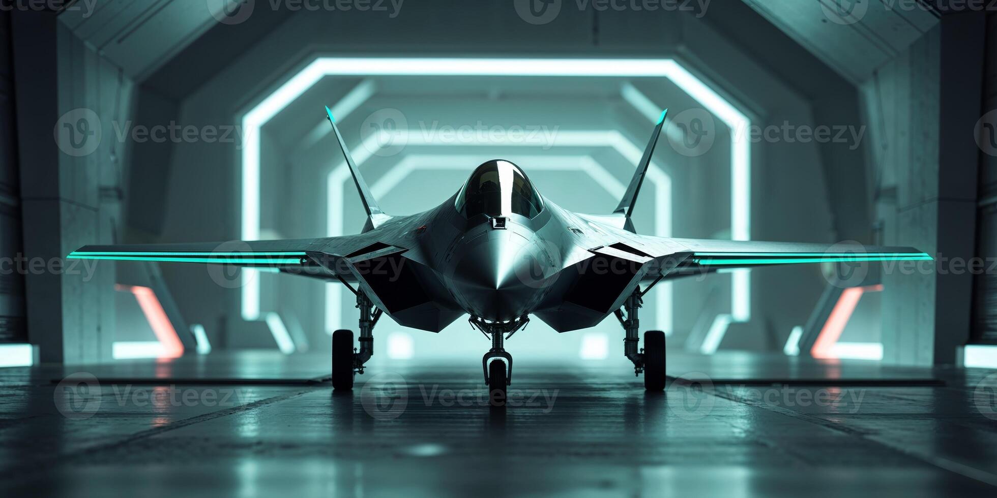 Advanced fighter jet with glowing teal lights in a futuristic hangar photo