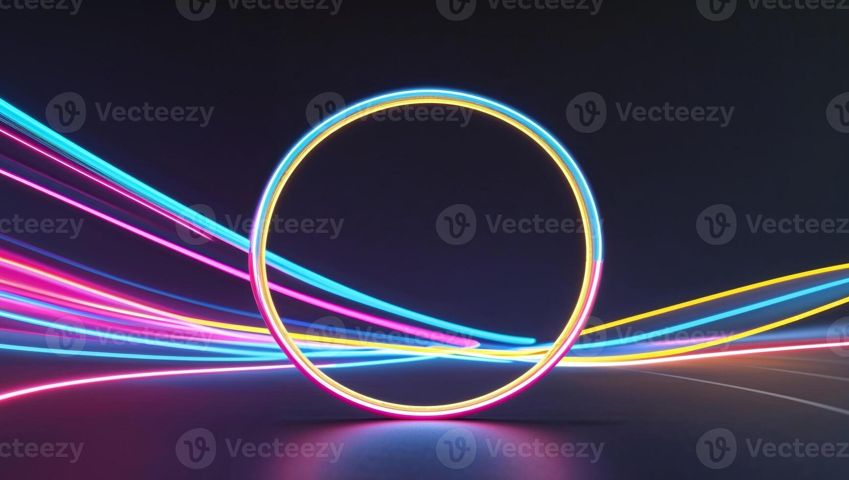 Round frame made of dynamic neon curved lines for technology concepts illuminating modern design photo