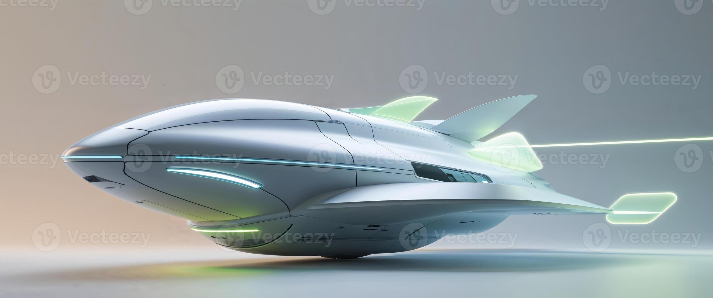 Futuristic spacecraft design featuring sleek lines and glowing accents on a neutral background. photo