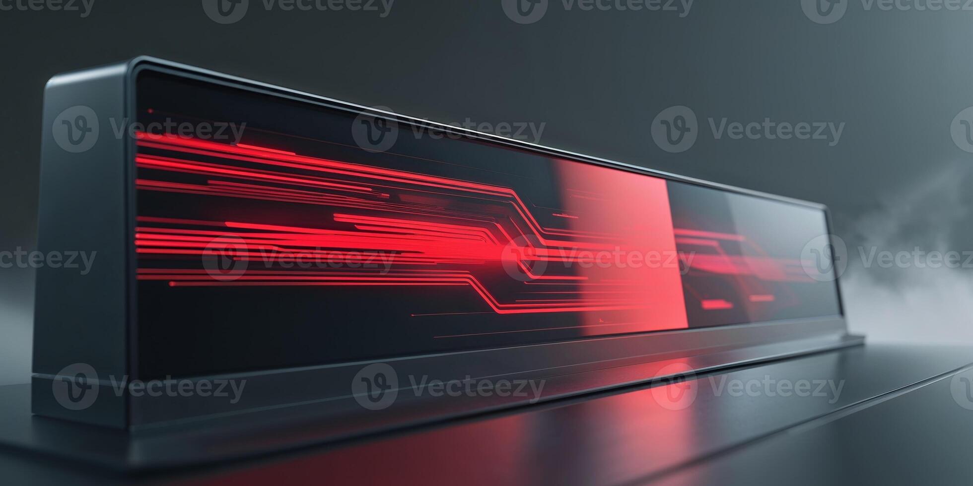 Futuristic display panel with advanced interface showcasing red graphics. photo