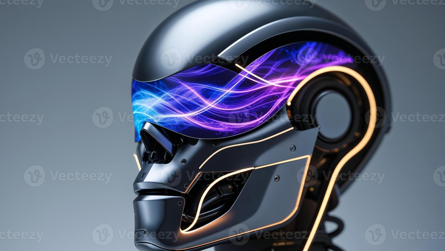 A futuristic robot head featuring screen display and glowing accents photo