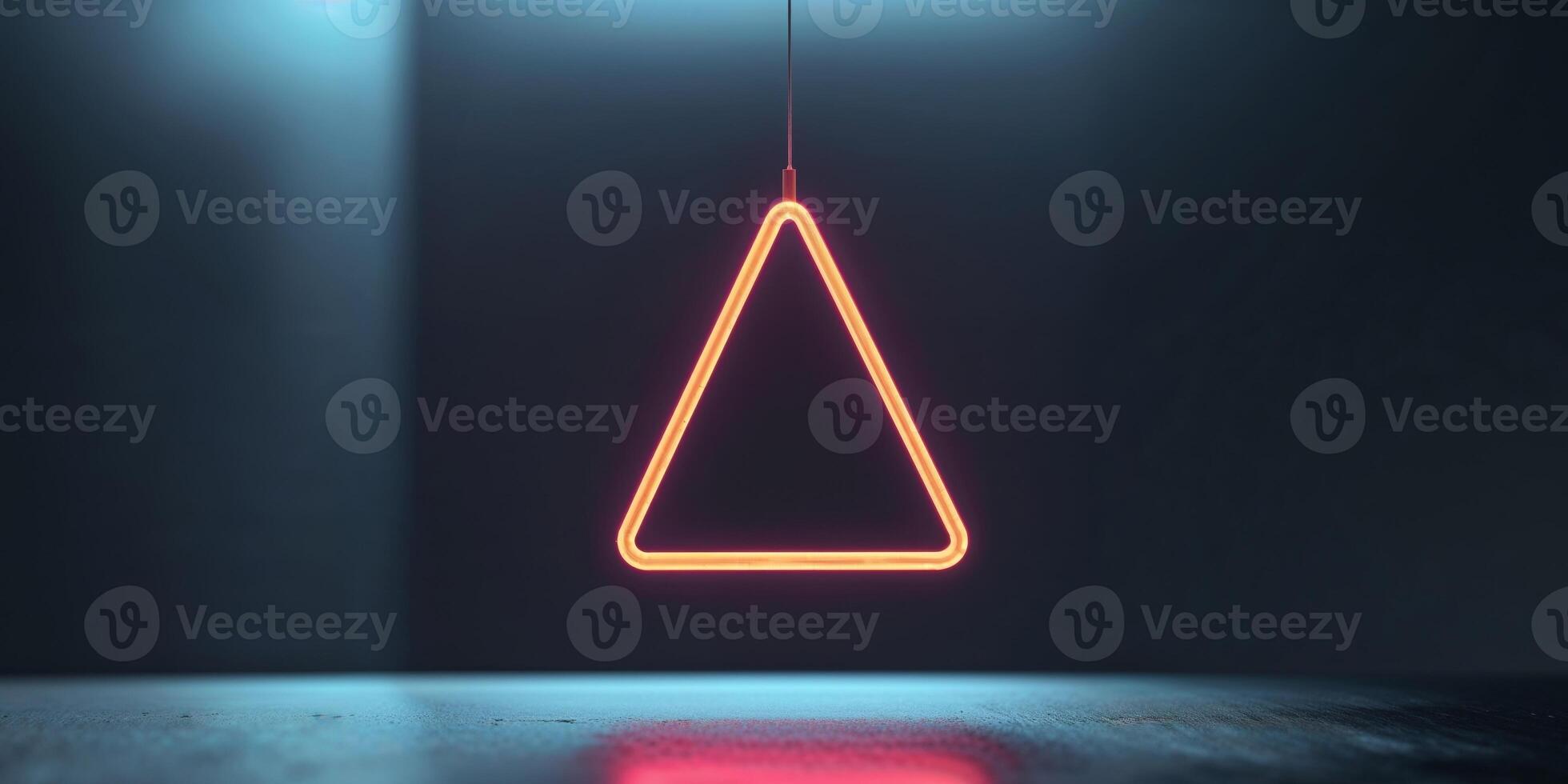 A neon triangle hanging from a light bulb photo