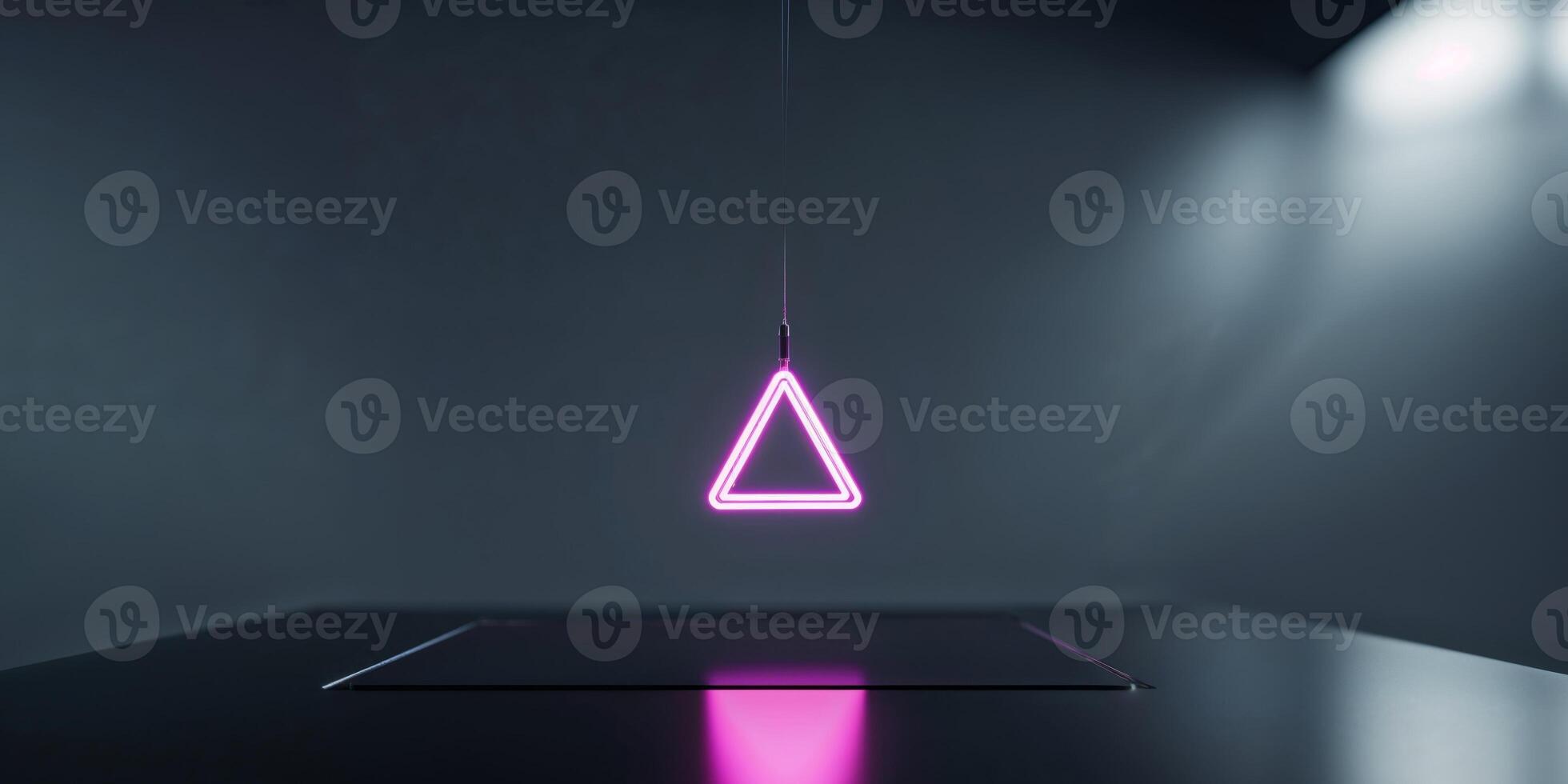 Glowing Neon Triangle Hovering Over Sleek Black Surface for Futuristic Fashion or Product Display. photo