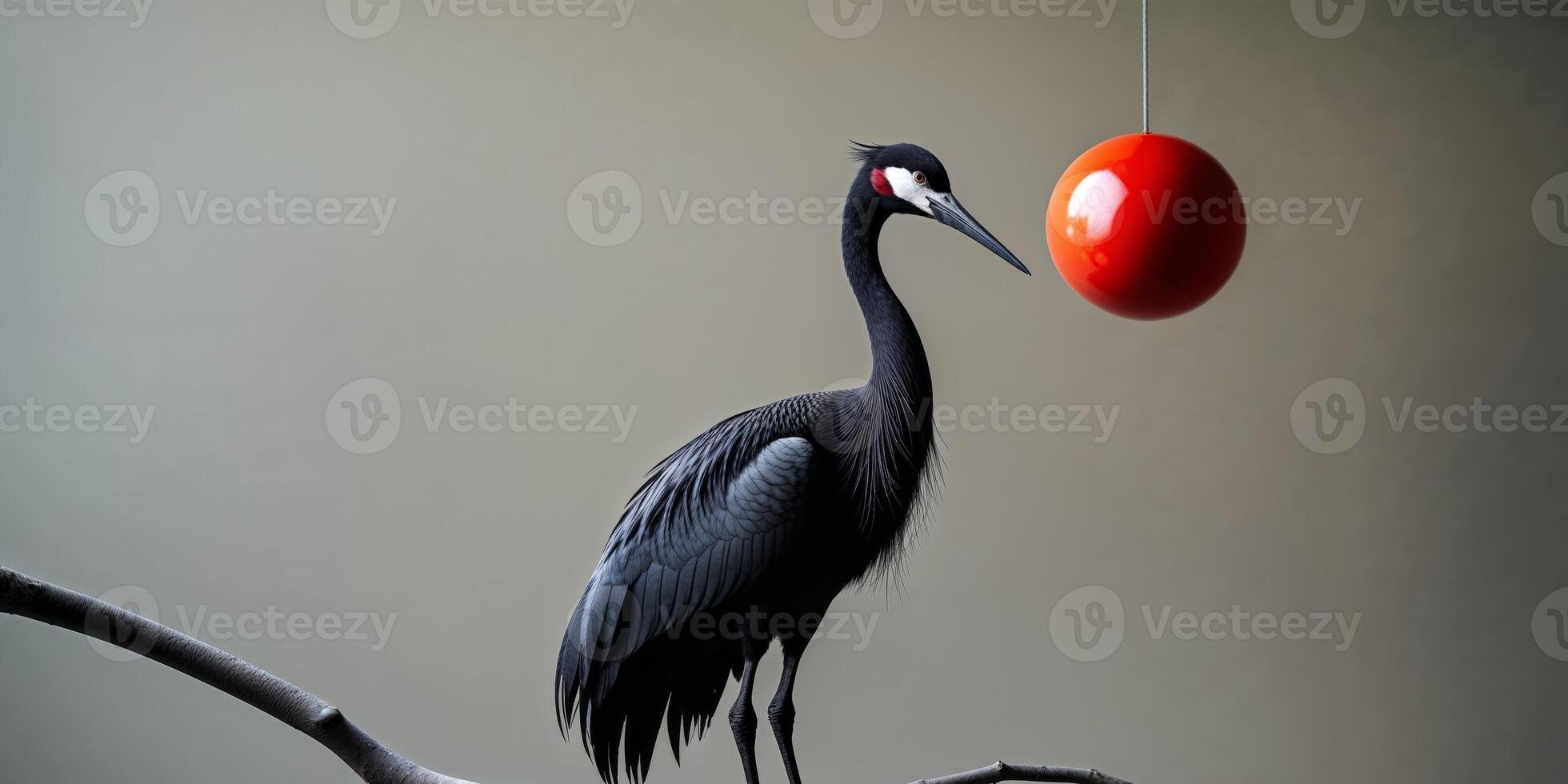 A black crane perches on a branch near a red orb. photo