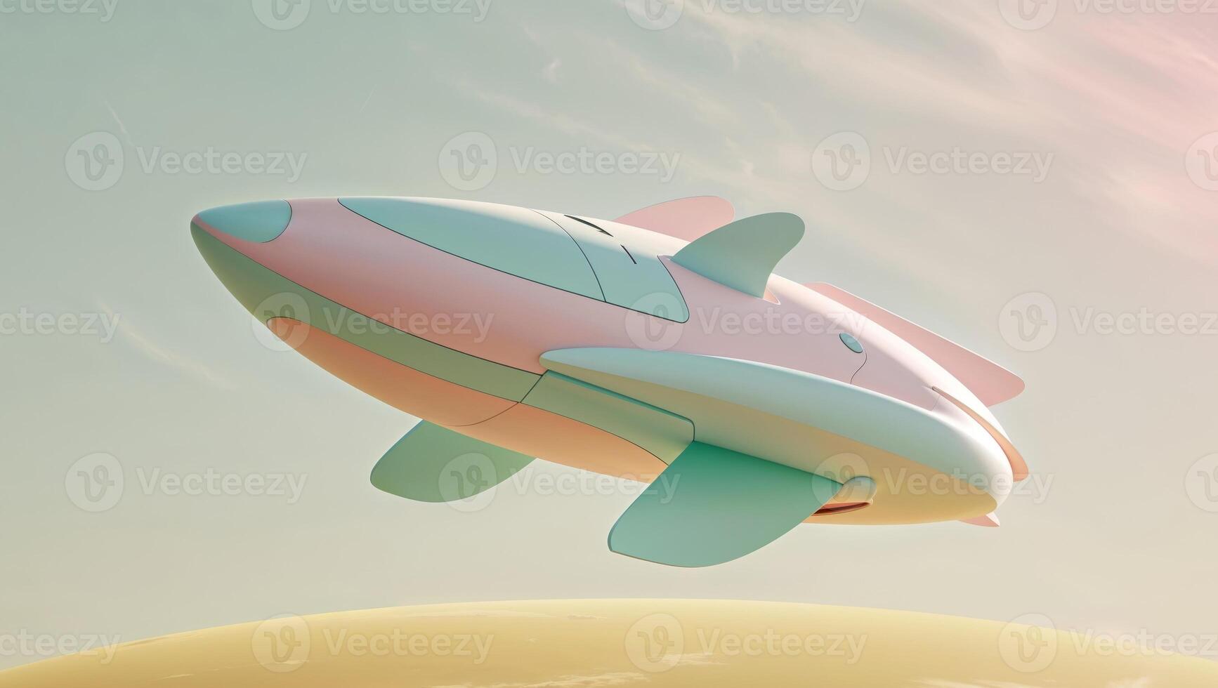 Retro Futuristic Spaceship in Pastel Colors Flying Above a Planet. photo