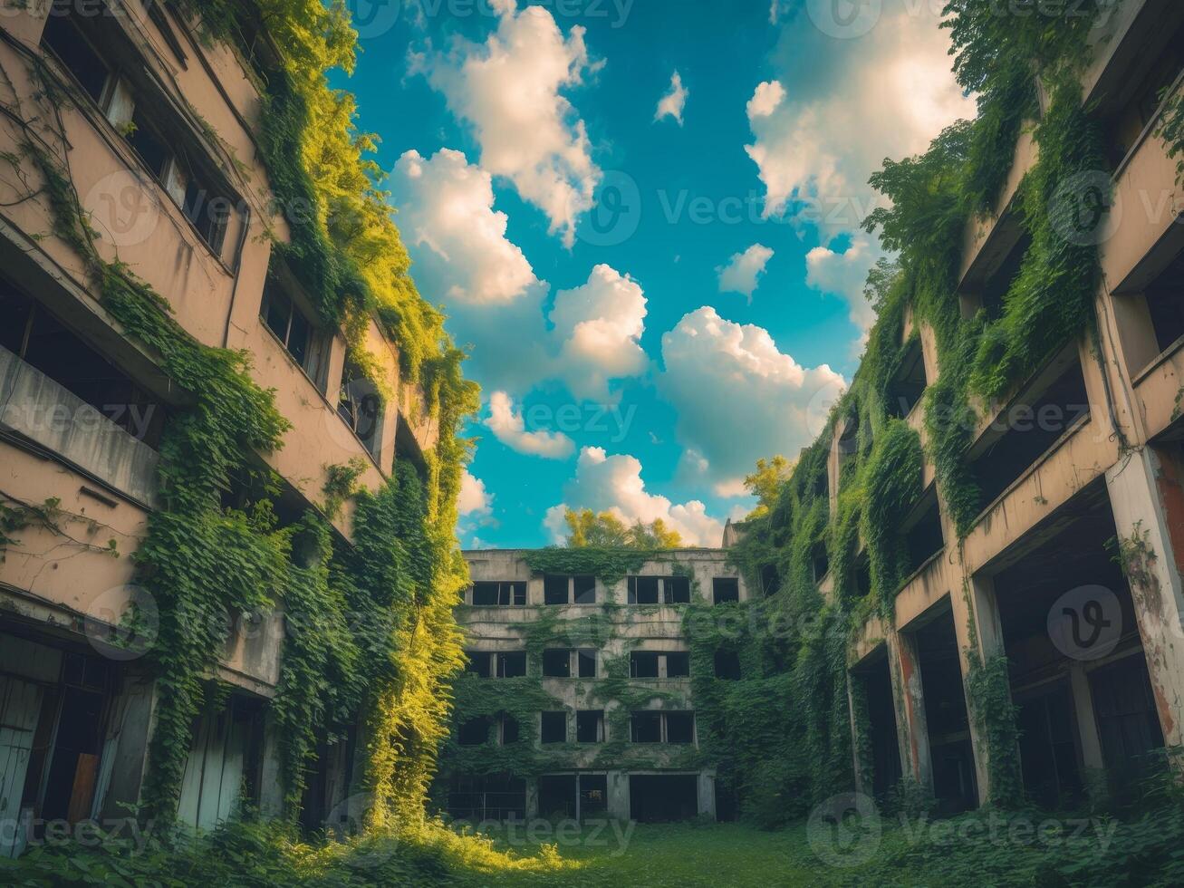 Urban Exploration of Abandoned Building with Greenery and Sky. photo