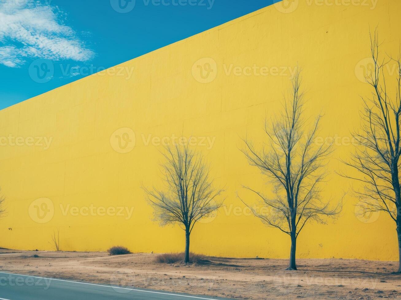 Bright blue sky over a stark yellow wall with minimal features along a deserted road photo