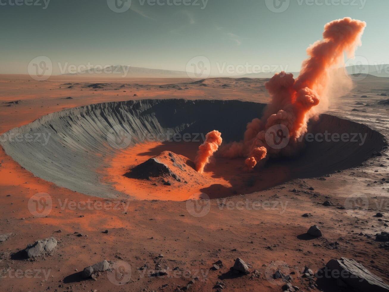Meteorite Crater Impacting Mars Surface Creating a Large Crater and Dust photo