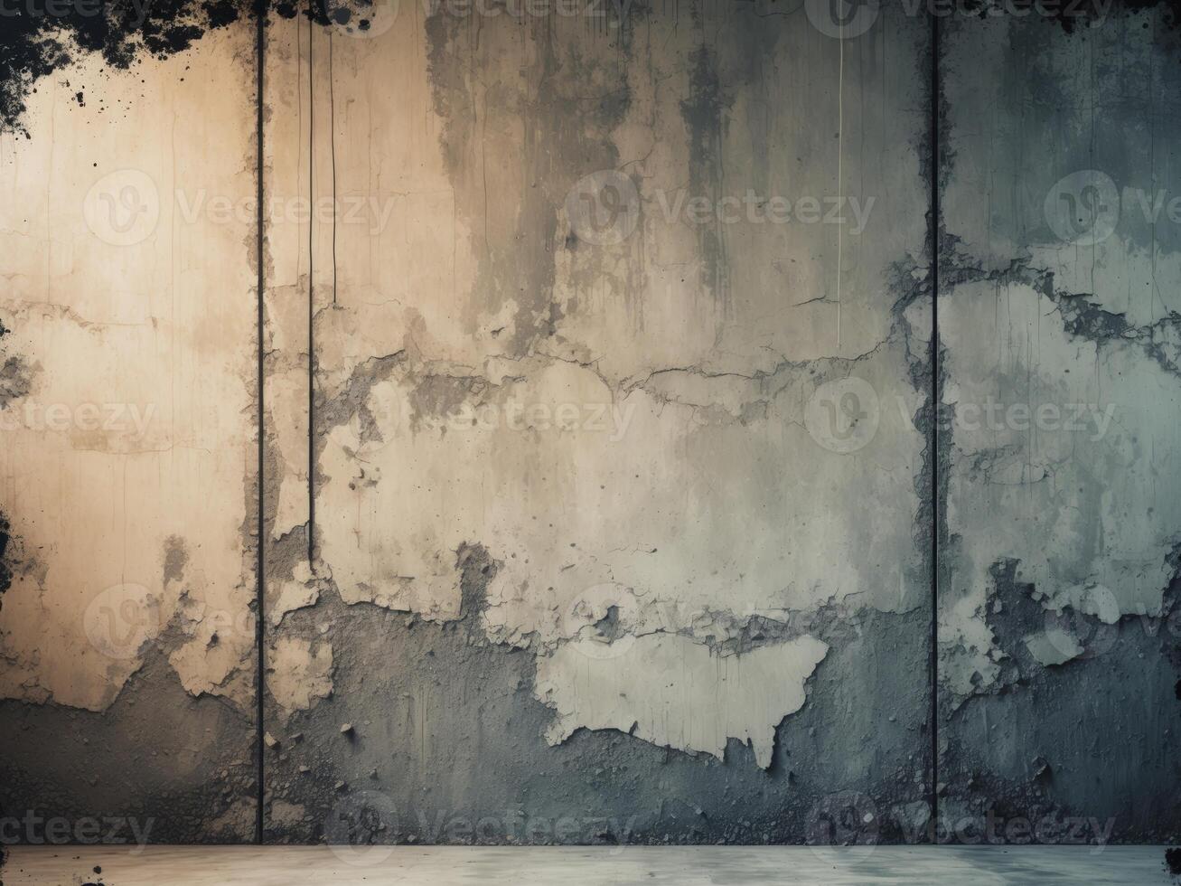 Abstract grunge background featuring a worn concrete texture in muted gray and beige tones with darkened edges creating a vignette effect photo