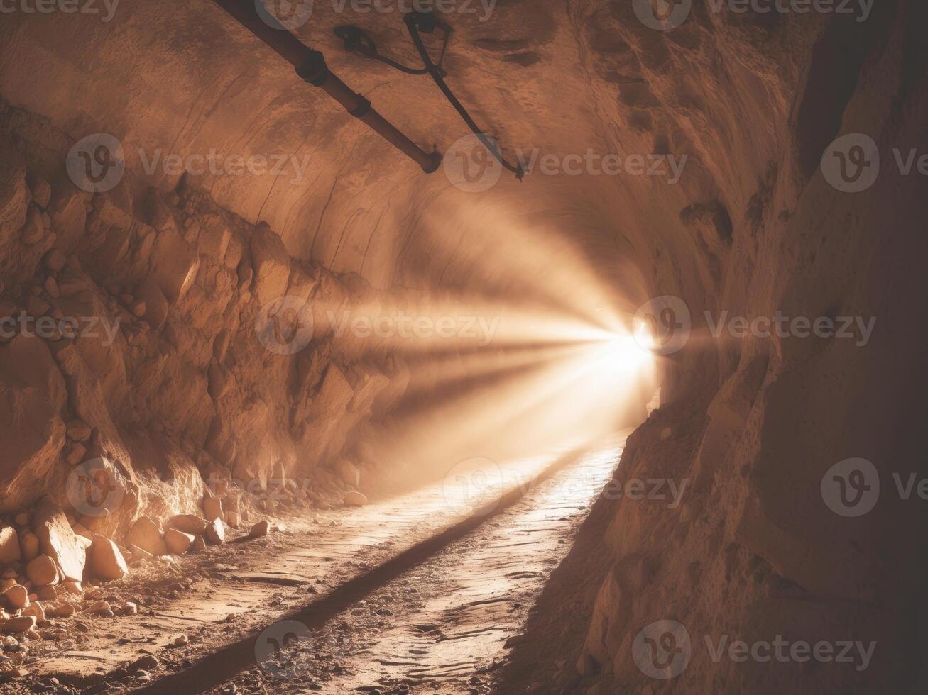 Underground mining tunnel with soft lighting illuminating the path photo