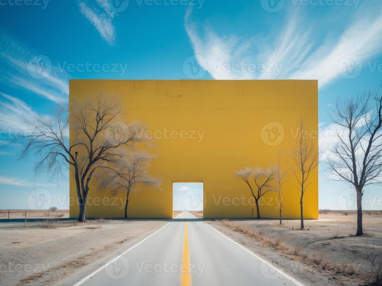 Bright blue sky over a stark yellow wall with minimal features along a deserted road. photo