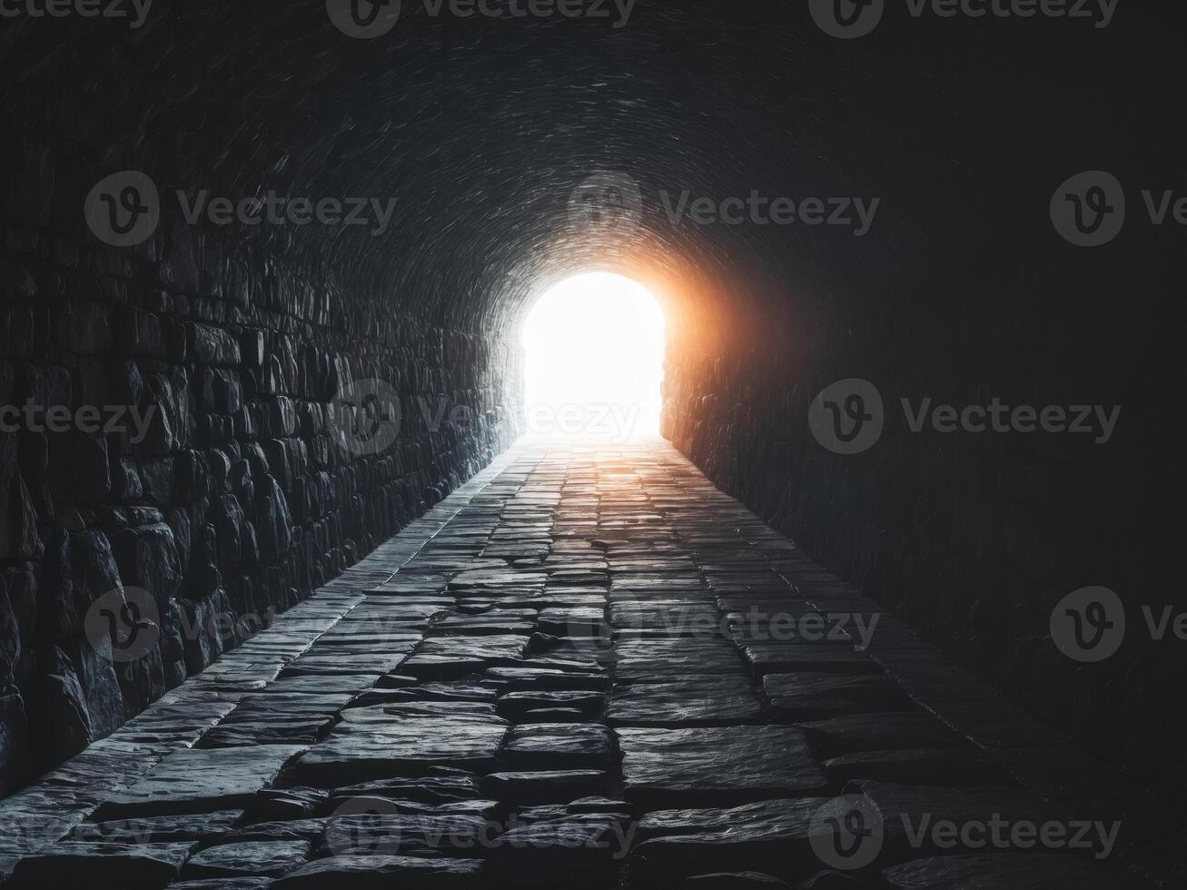 Dark tunnel with light at the end creating a sense of depth and perspective. photo