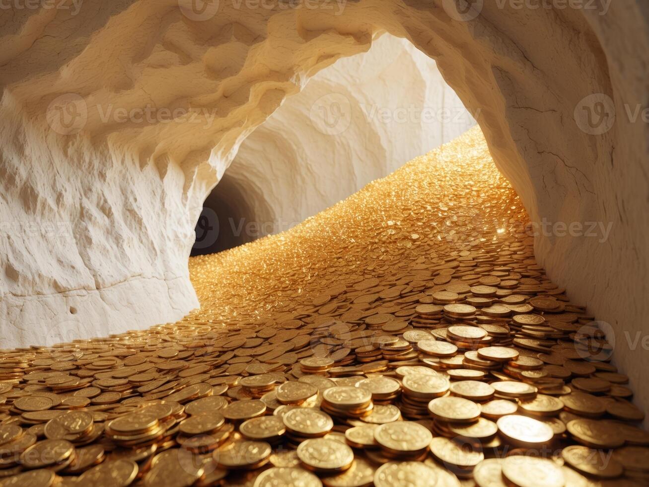 A vast cavern entrance with a stunning view of a large pile of golden coins photo