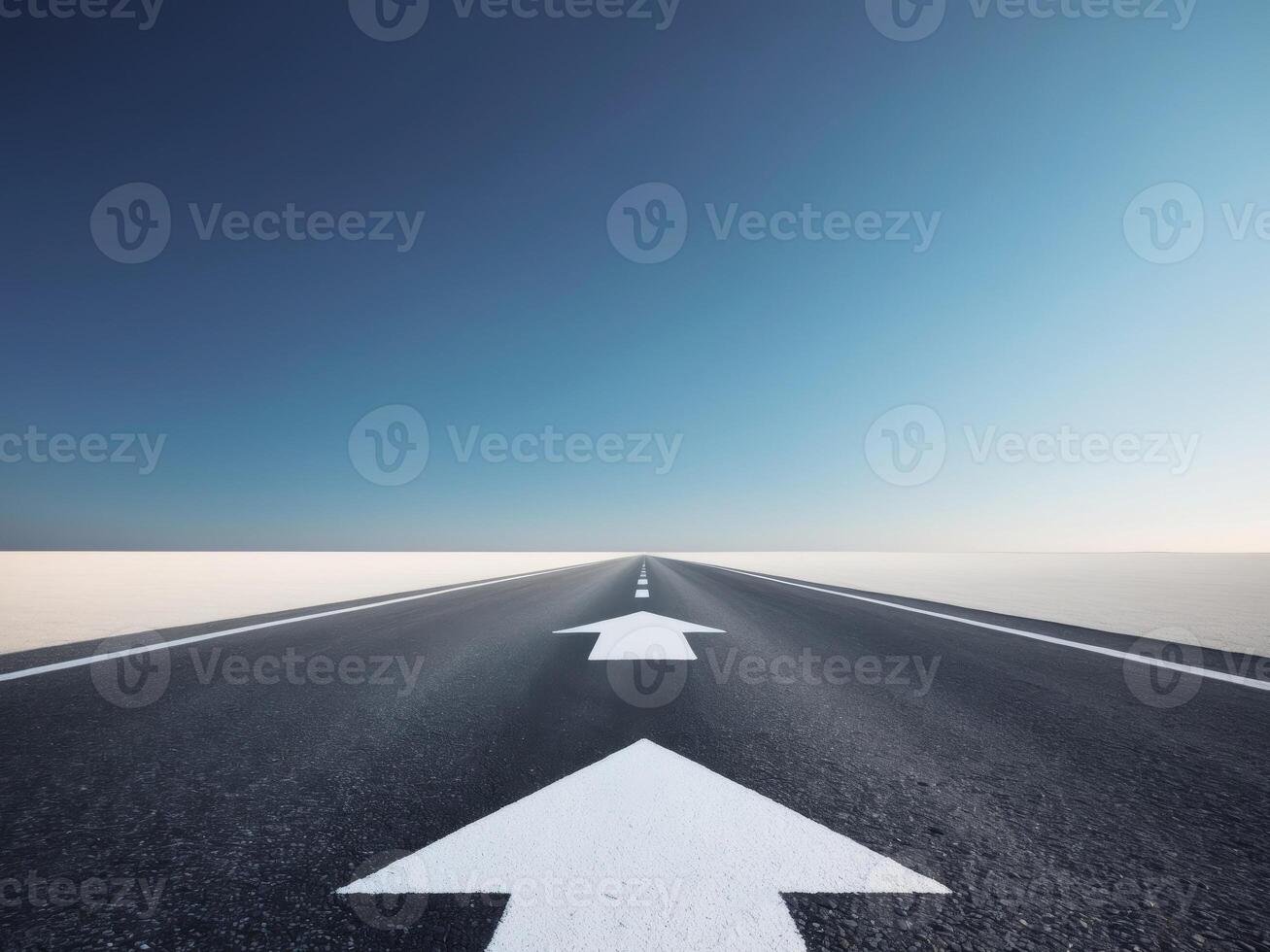 An empty road with two arrows pointing in different directions photo