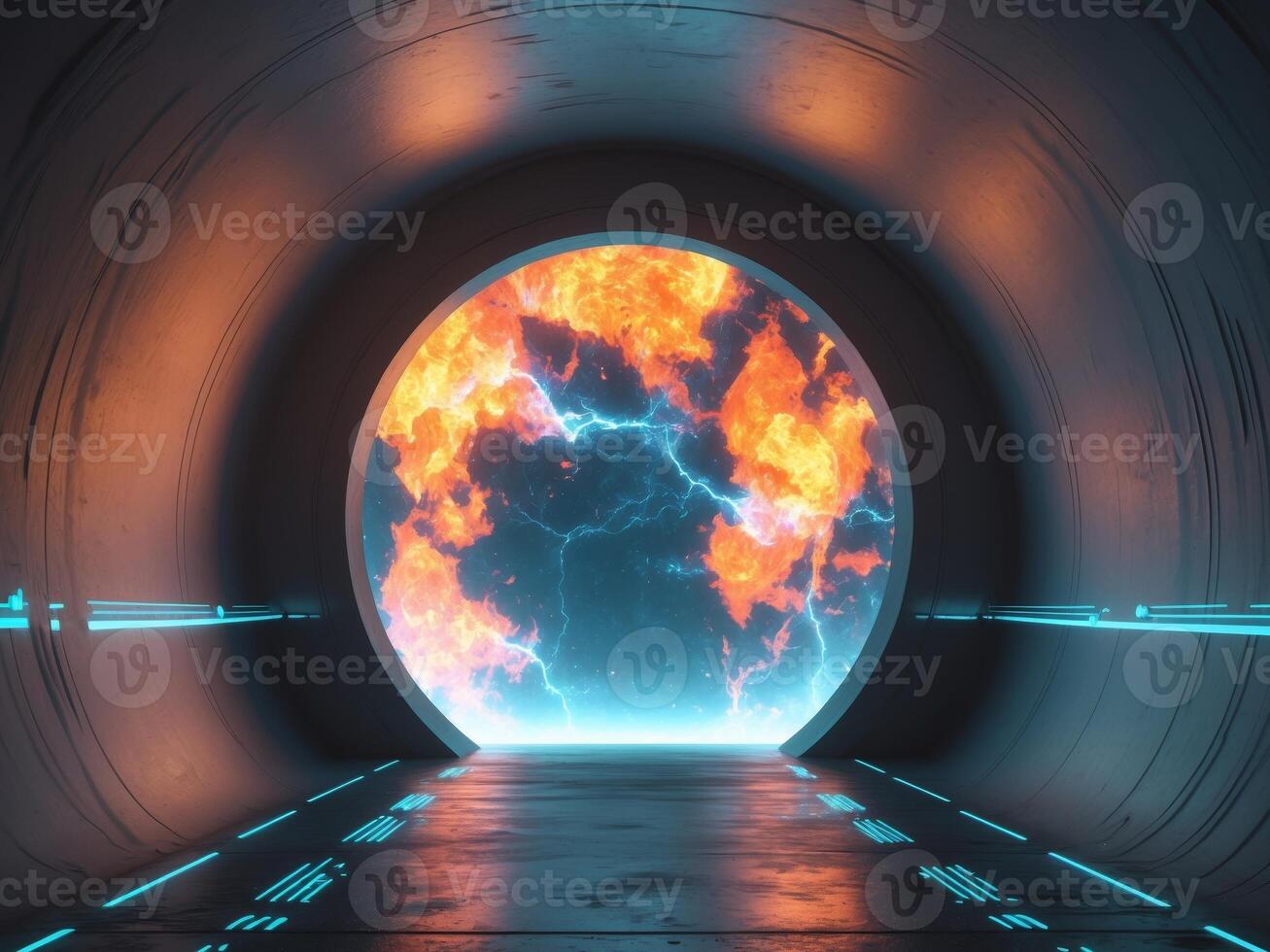 Futuristic tunnel with glowing light and fire photo