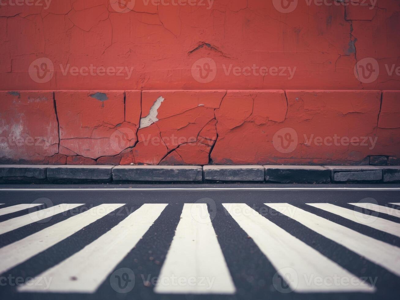 A red wall with a cracked wall and a white crosswalk photo