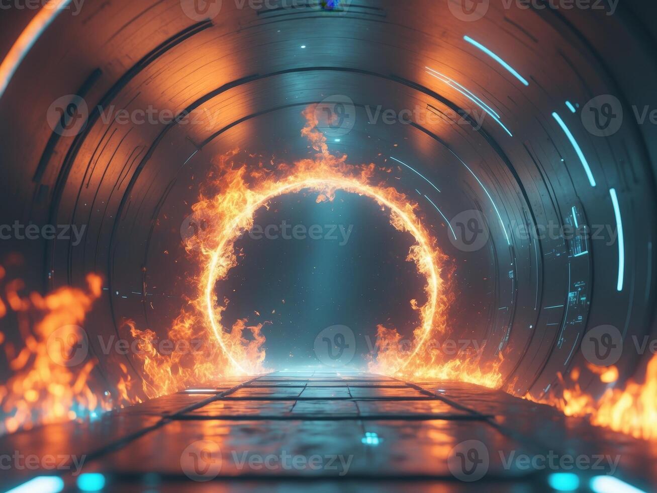 Burning planet viewed through portal in futuristic tunnel. photo