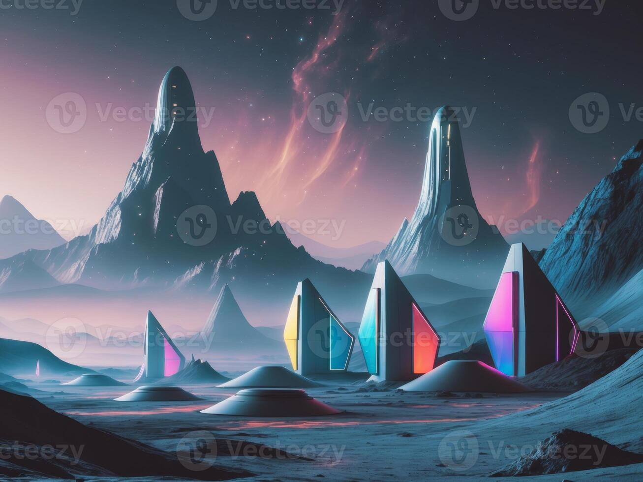 Alien Futuristic Colony Structures Amidst Diverse Landscapes on Extraterrestrial Planet Showcasing the Possibility of an Intergalactic Civilization photo
