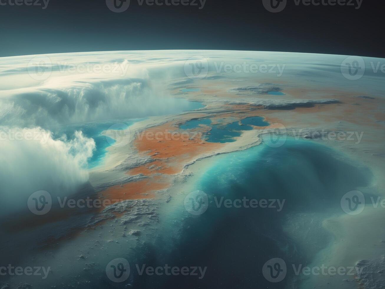 Satellite view of a terraformed mars with oceans and greenery. photo