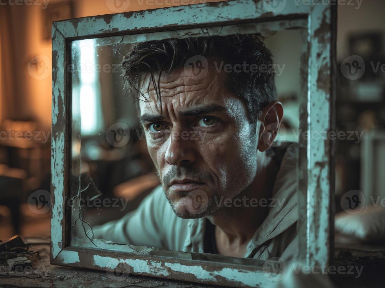 Reflection of a Troubled Man in a Rustic Mirror Surrounded by Chaos in a Dimly Lit Room. photo